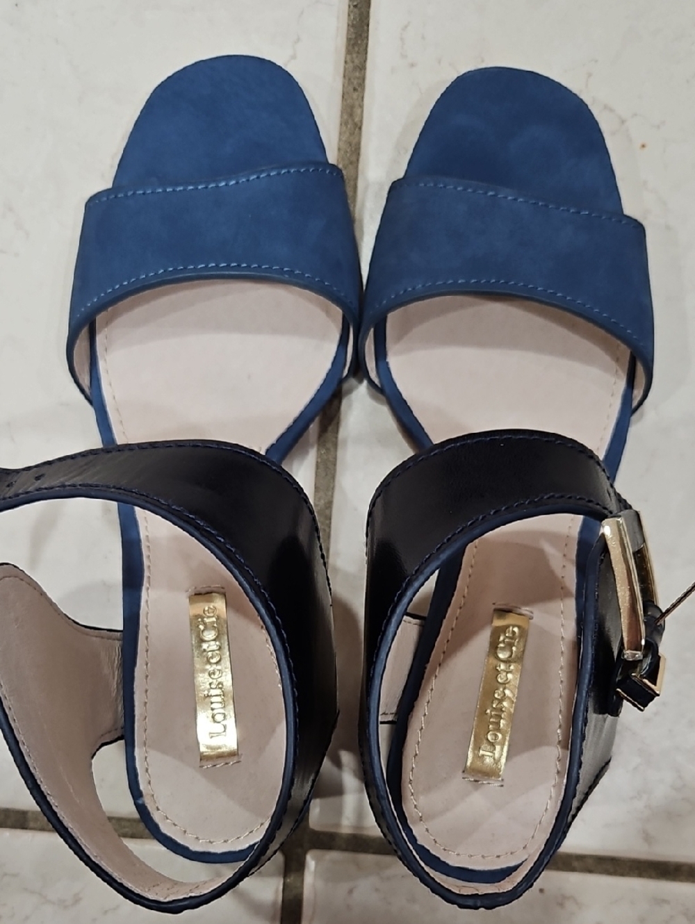 Louise et Cie Blue and Navy Blue Suede And Leather Block Heel Sandals